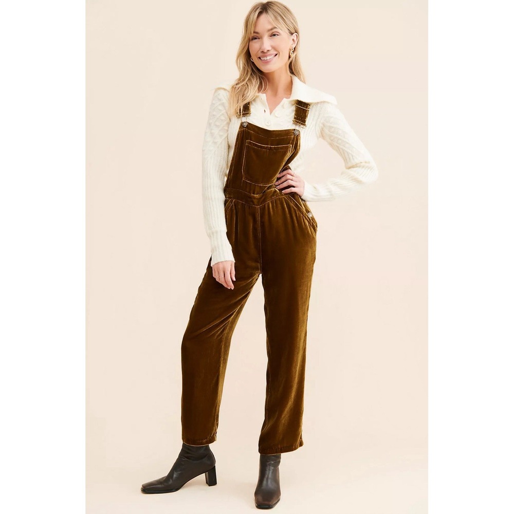 Faherty Silky Velvet Overalls Green Brown Boho Mechanic Slouchy Lagenlook